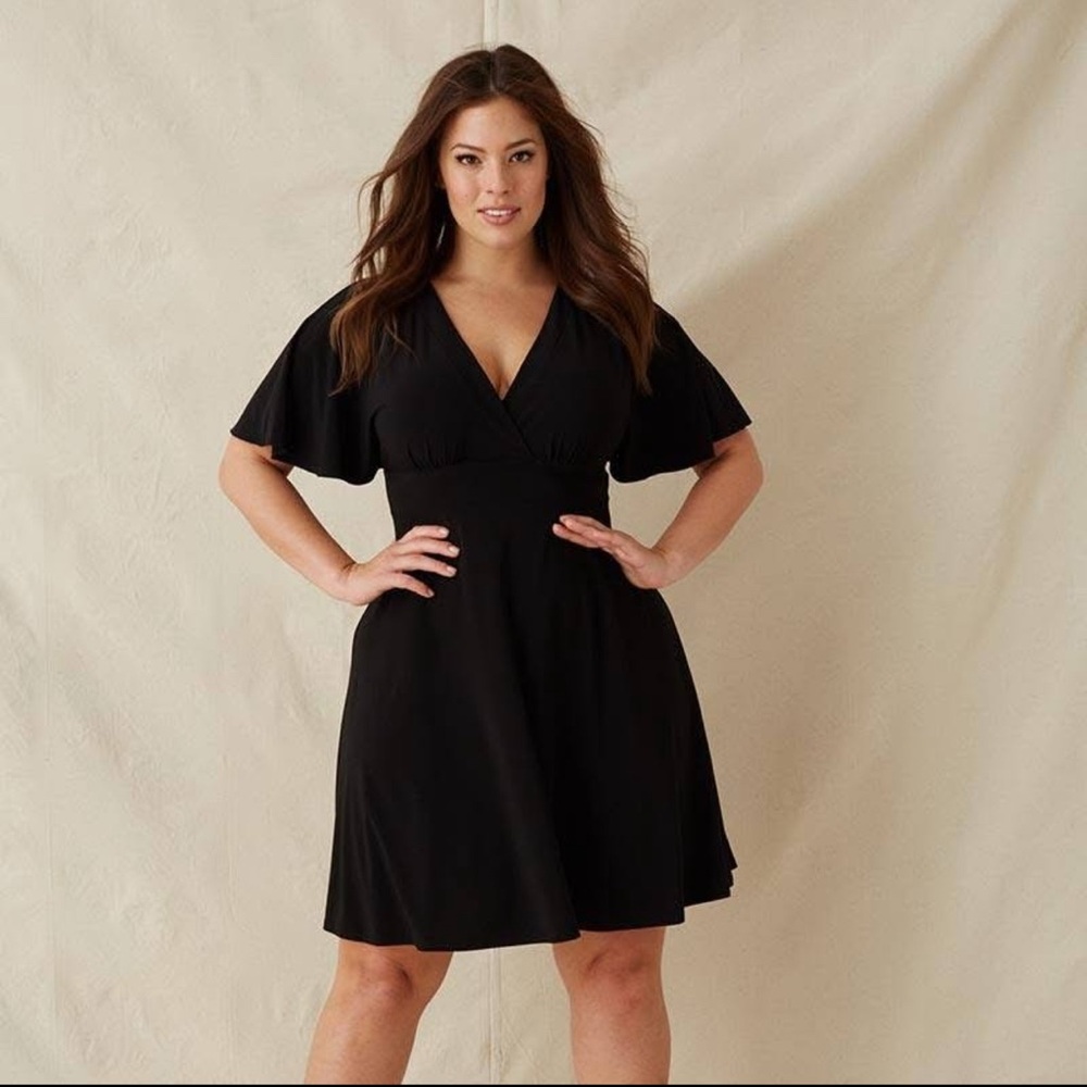 Plus-Size Black V-Neck Flutter Sleeve Dress
